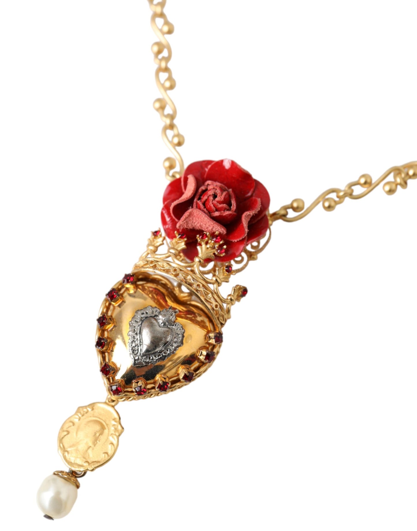 Dolce & Gabbana Gold BrassChain Sacred Heart Rose Crystal Charm Necklace Dolce & Gabbana