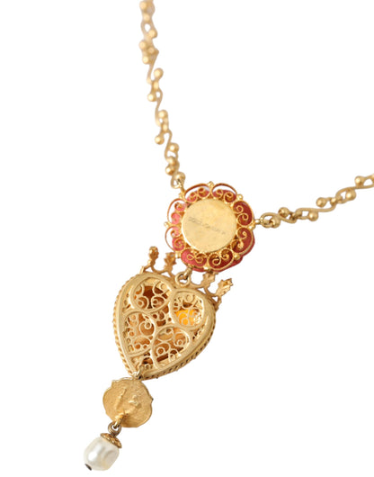 Dolce & Gabbana Gold BrassChain Sacred Heart Rose Crystal Charm Necklace Dolce & Gabbana