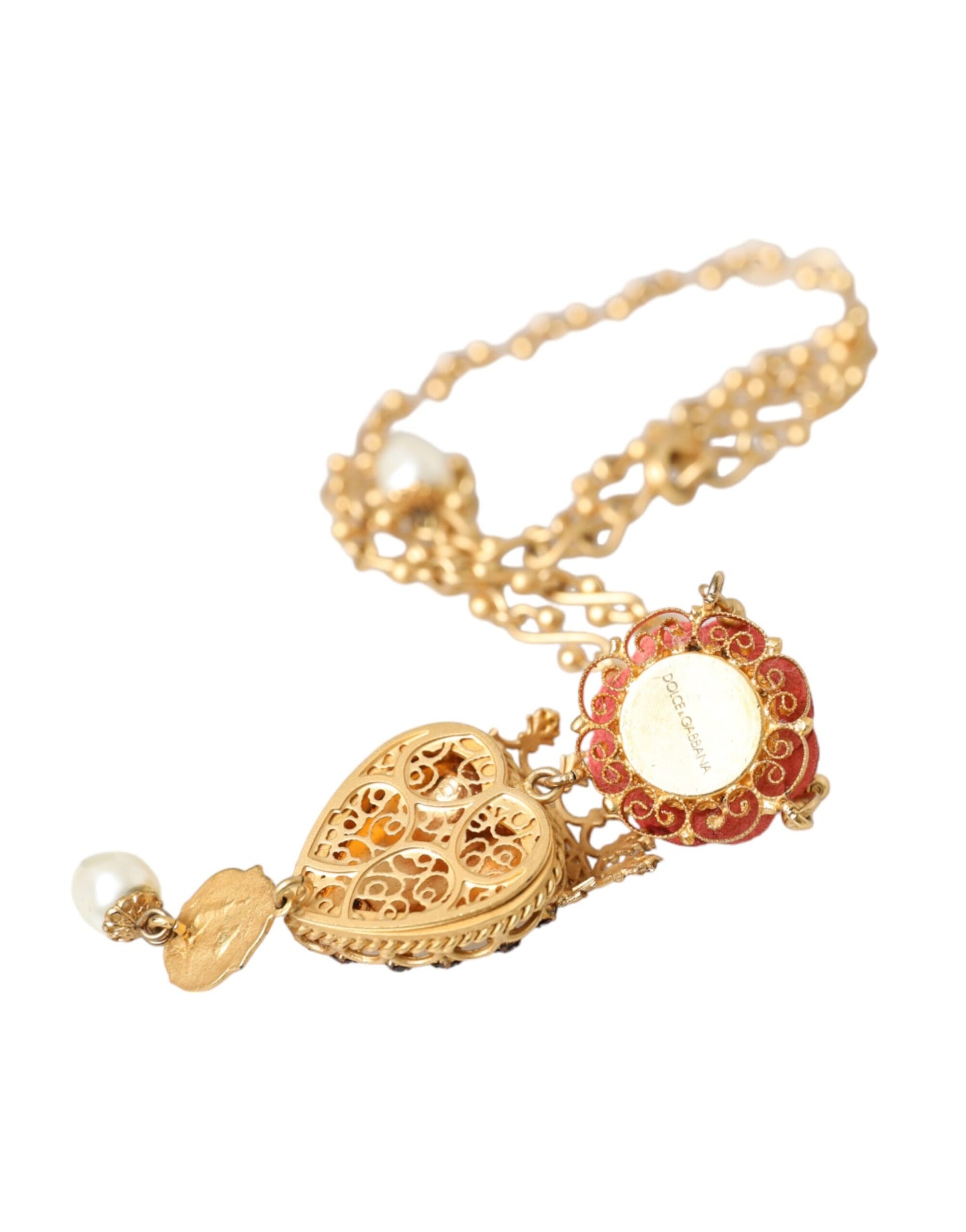 Dolce & Gabbana Gold BrassChain Sacred Heart Rose Crystal Charm Necklace Dolce & Gabbana