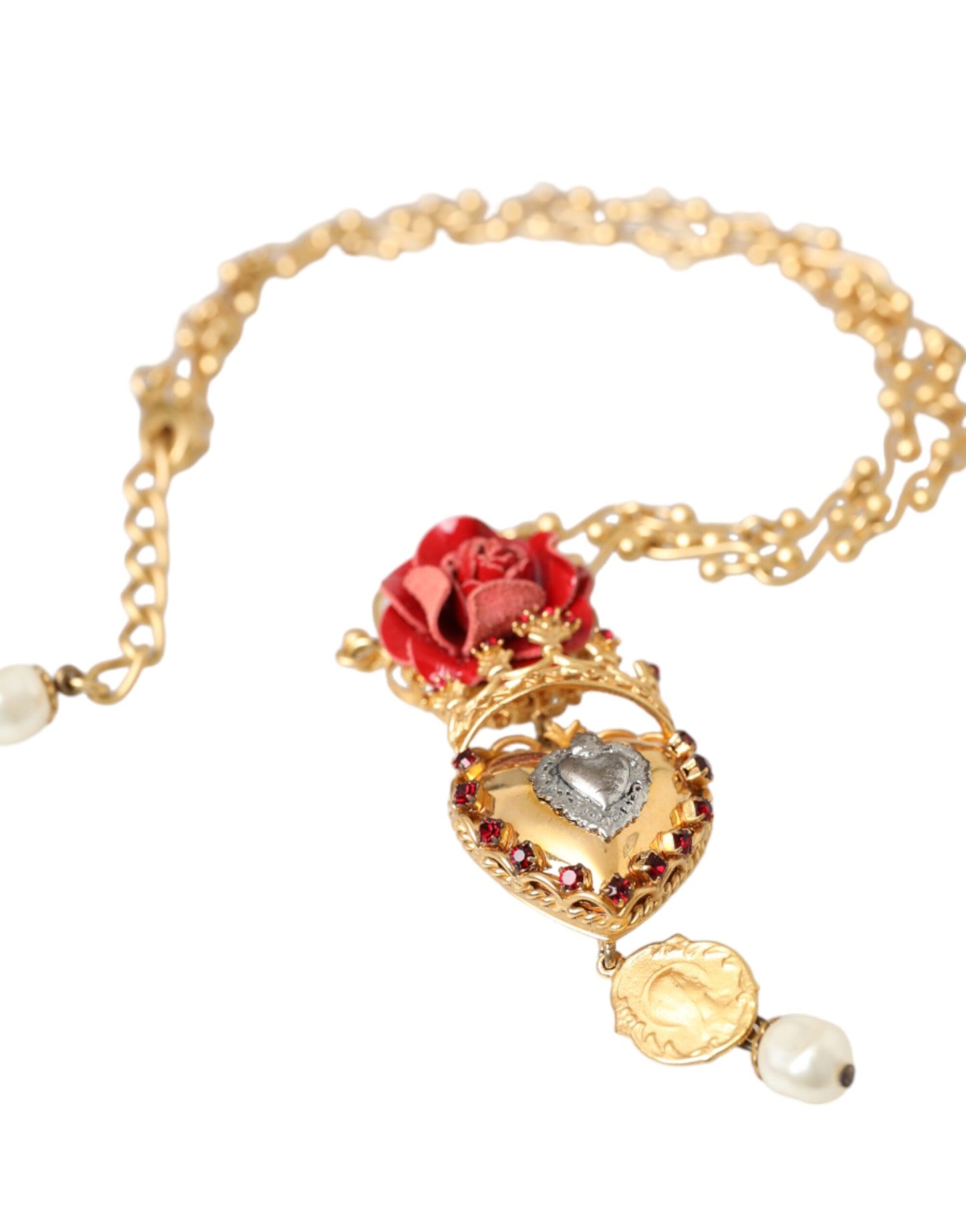 Dolce & Gabbana Gold BrassChain Sacred Heart Rose Crystal Charm Necklace Dolce & Gabbana