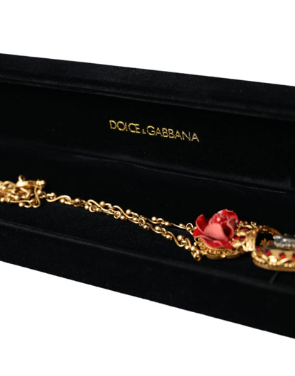 Dolce & Gabbana Gold BrassChain Sacred Heart Rose Crystal Charm Necklace Dolce & Gabbana