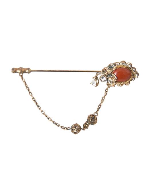 Dolce & Gabbana Gold Brass Crystal Chain 925 Sterling Silver Pin Brooch Dolce & Gabbana