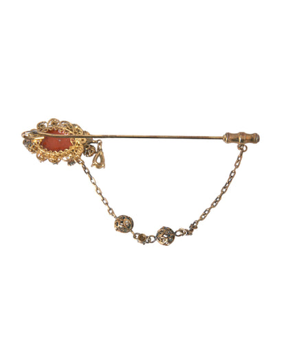 Dolce & Gabbana Gold Brass Crystal Chain 925 Sterling Silver Pin Brooch Dolce & Gabbana