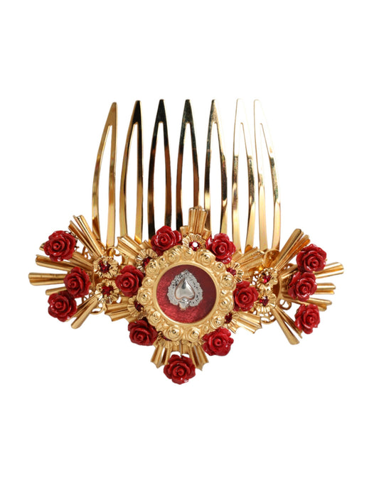 Dolce & Gabbana Gold Brass Crystal Heart Floral Hair Comb Dolce & Gabbana