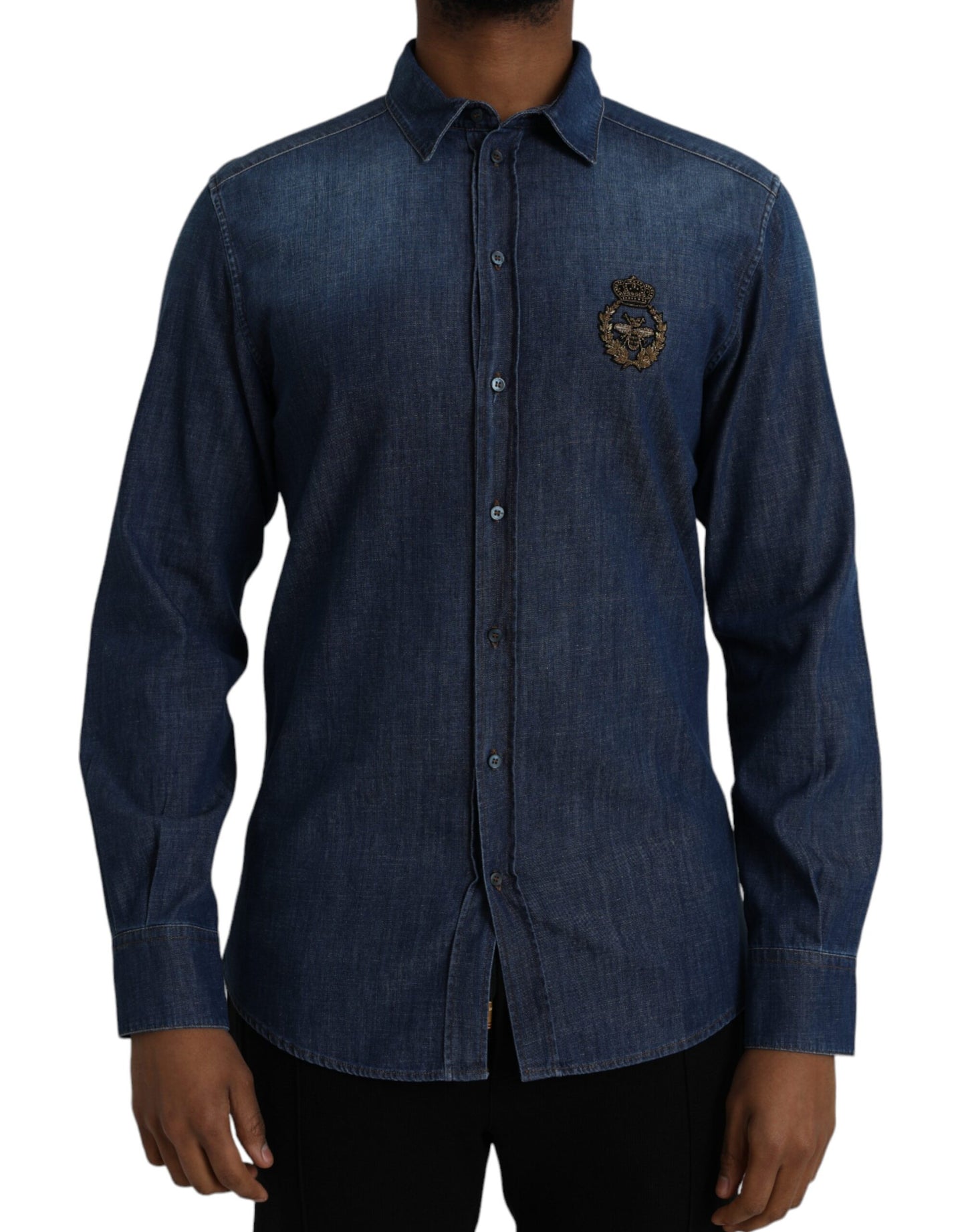 Dolce & Gabbana Blue Crown Bee Cotton Denim GOLD Shirt Dolce & Gabbana