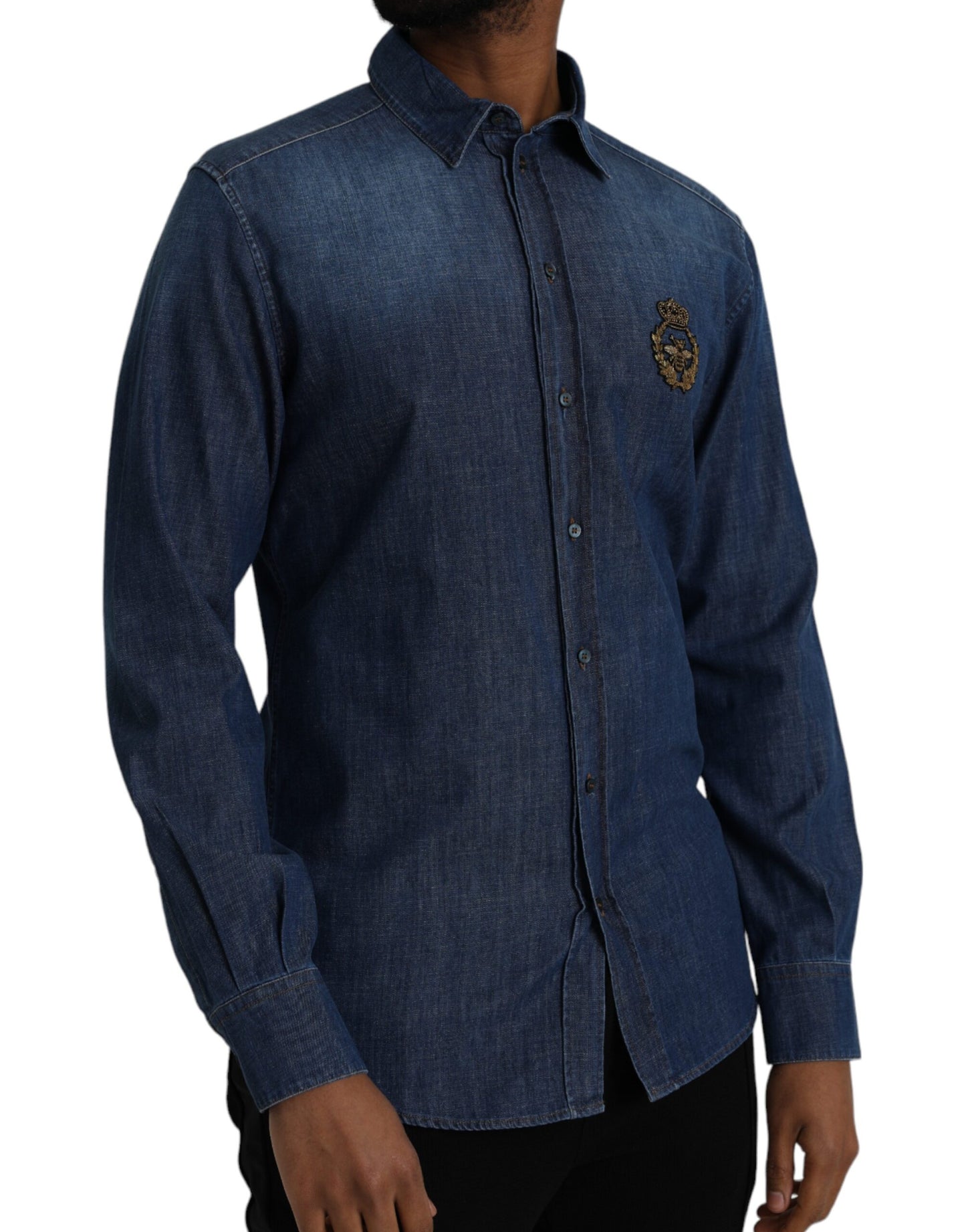 Dolce & Gabbana Blue Crown Bee Cotton Denim GOLD Shirt Dolce & Gabbana