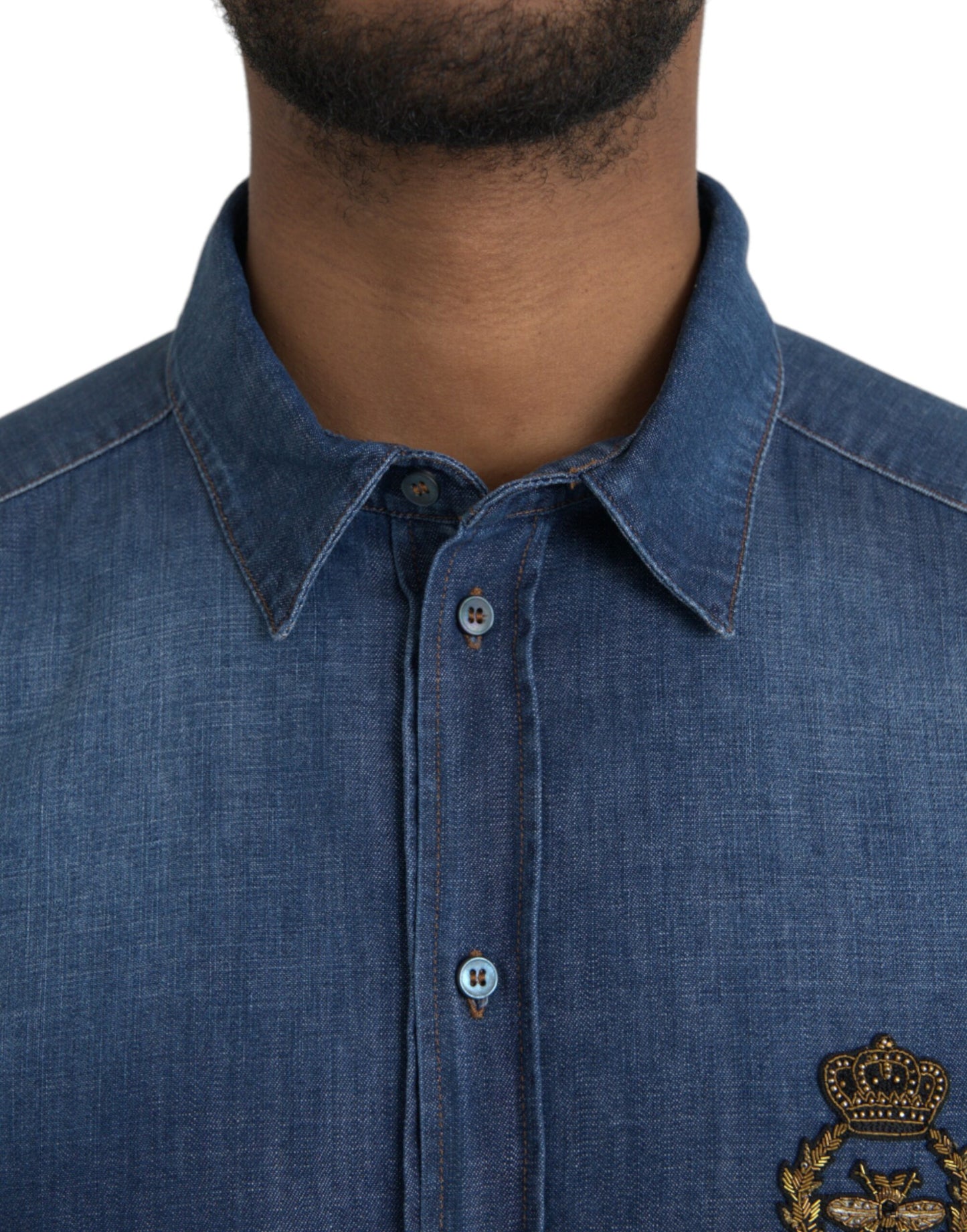 Dolce & Gabbana Blue Crown Bee Cotton Denim GOLD Shirt Dolce & Gabbana