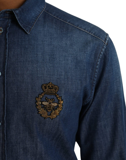 Dolce & Gabbana Blue Crown Bee Cotton Denim GOLD Shirt Dolce & Gabbana