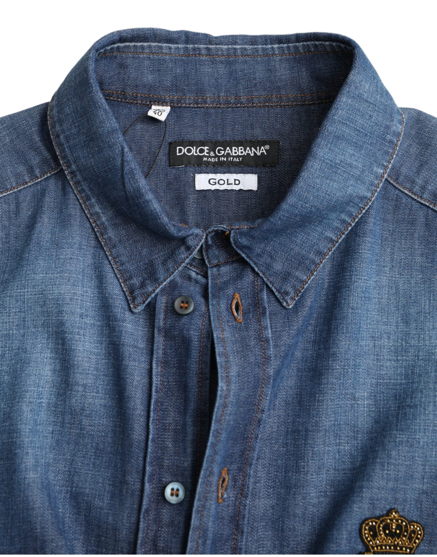 Dolce & Gabbana Blue Crown Bee Cotton Denim GOLD Shirt Dolce & Gabbana