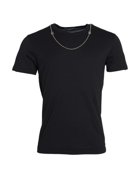 Dolce & Gabbana Black Cotton Silver Chain Short Sleeve T-shirt Dolce & Gabbana