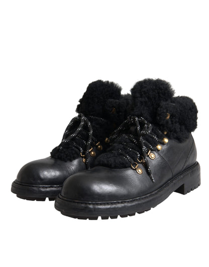 Dolce & Gabbana Black Leather Bernini Shearling Boots Shoes Dolce & Gabbana