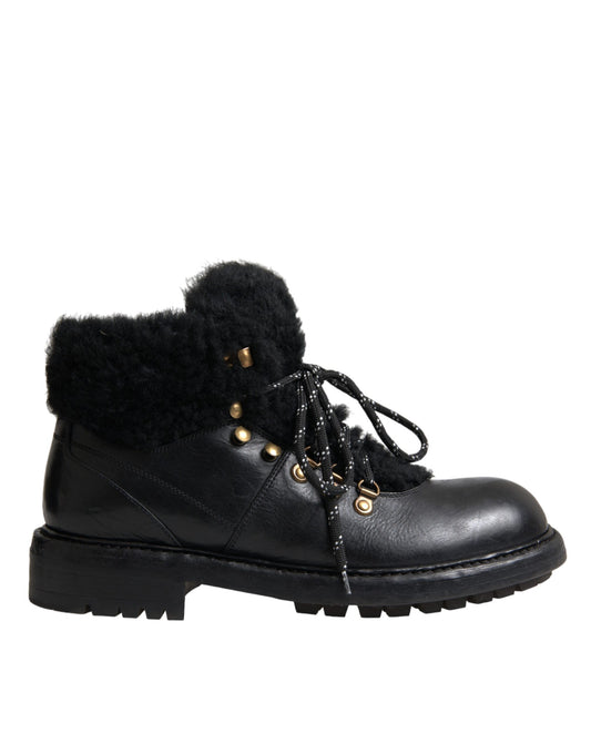 Dolce & Gabbana Black Leather Bernini Shearling Boots Shoes Dolce & Gabbana