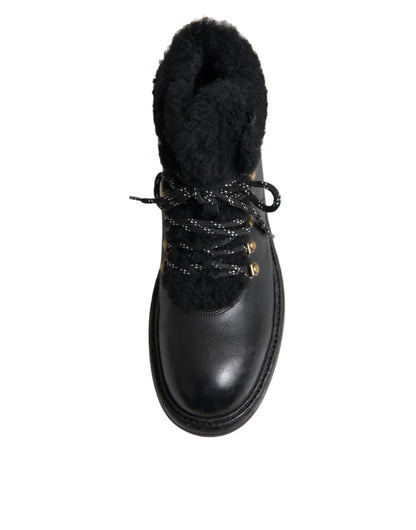 Dolce & Gabbana Black Leather Bernini Shearling Boots Shoes Dolce & Gabbana