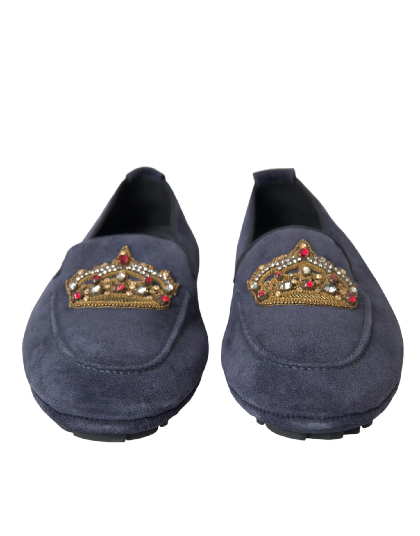 Dolce & Gabbana Blue Leather Suede Crystal Crown Loafers Shoes Dolce & Gabbana