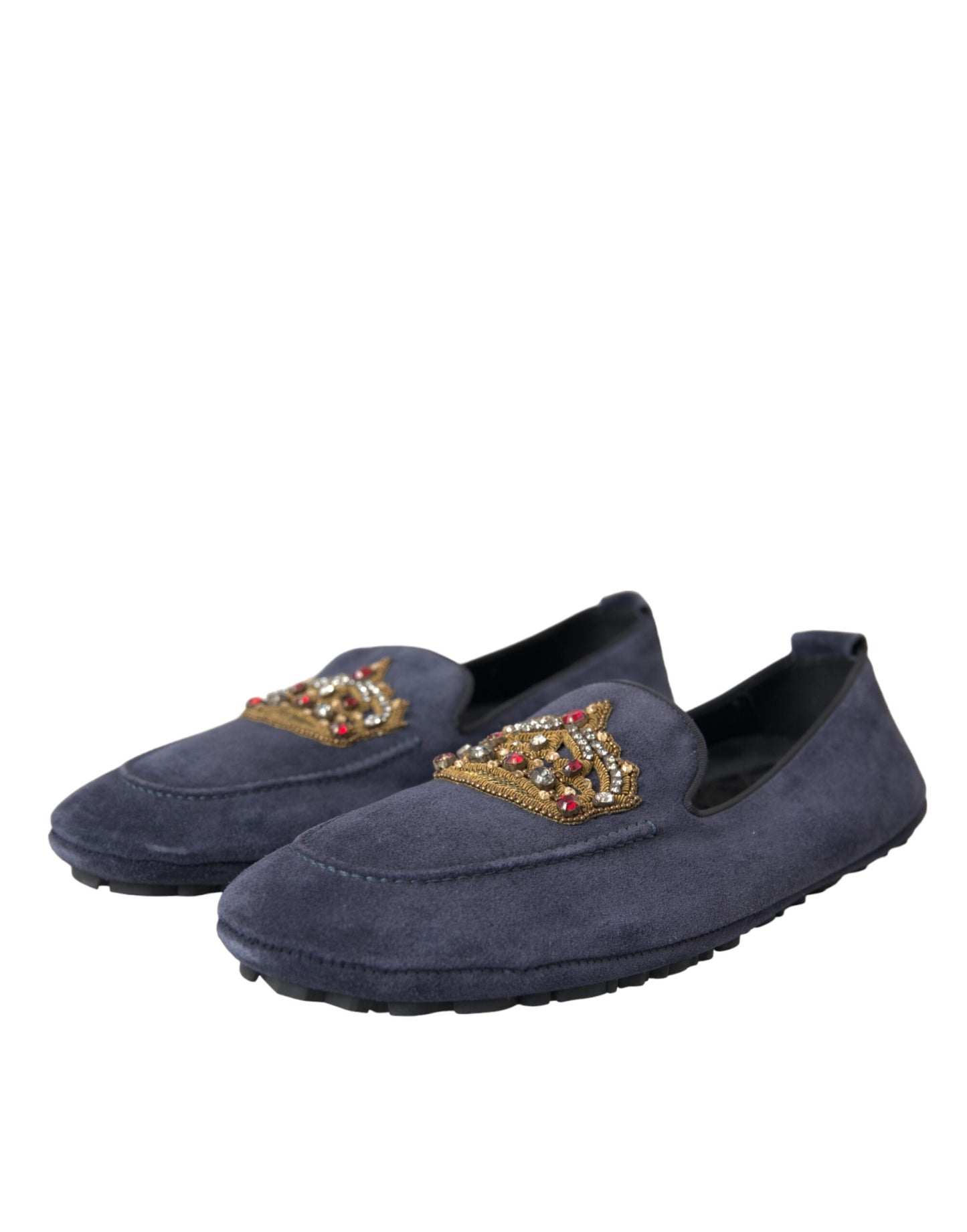 Dolce & Gabbana Blue Leather Suede Crystal Crown Loafers Shoes Dolce & Gabbana