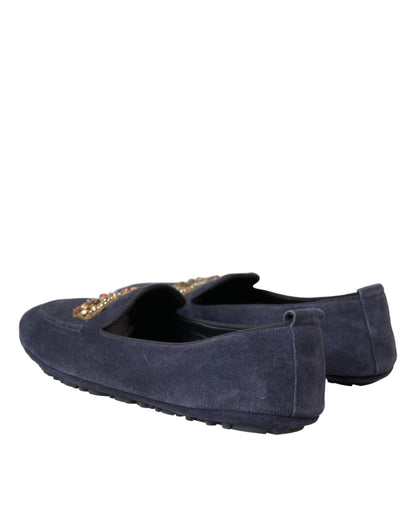 Dolce & Gabbana Blue Leather Suede Crystal Crown Loafers Shoes Dolce & Gabbana