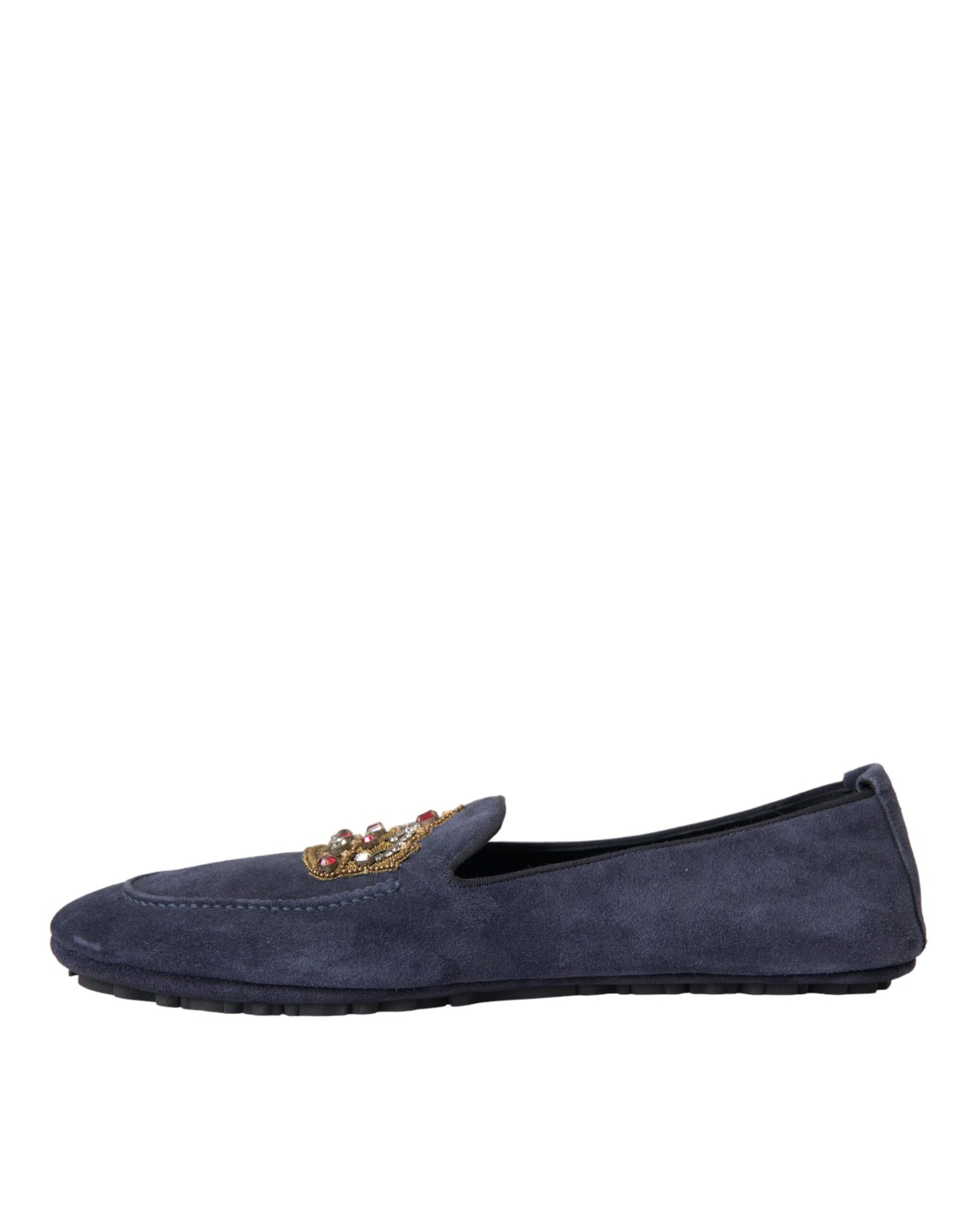 Dolce & Gabbana Blue Leather Suede Crystal Crown Loafers Shoes Dolce & Gabbana