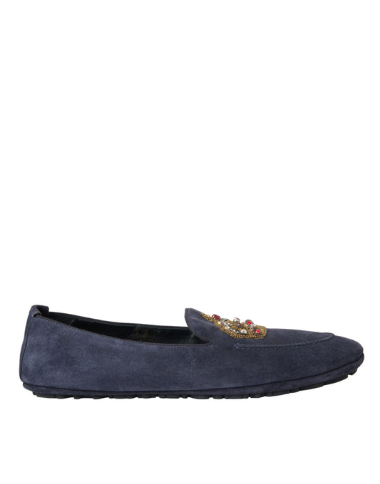 Dolce & Gabbana Blue Leather Suede Crystal Crown Loafers Shoes Dolce & Gabbana