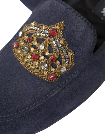 Dolce & Gabbana Blue Leather Suede Crystal Crown Loafers Shoes Dolce & Gabbana