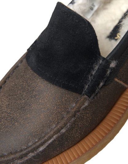 Dolce & Gabbana Brown Black Fur Leather Loafers Men Shoes Dolce & Gabbana