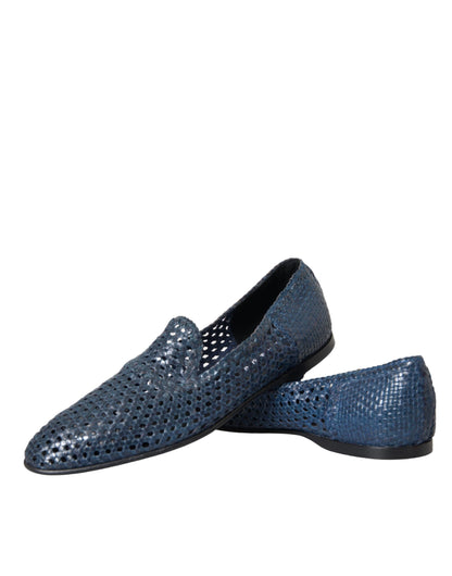 Dolce & Gabbana Blue Woven Leather Slip On Loafers Men Shoes Dolce & Gabbana