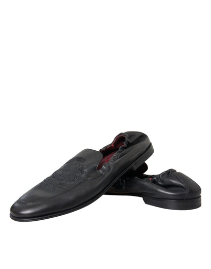 Dolce & Gabbana Black Logo Embroidered Leather Loafer Men Dress Shoes Dolce & Gabbana