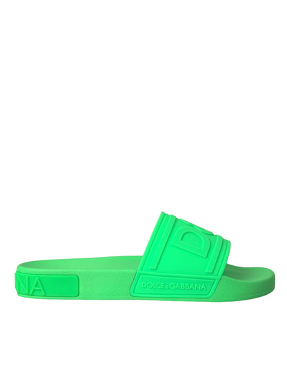 Dolce & Gabbana Green Leather Slides Sandals Beachwear Shoes Dolce & Gabbana