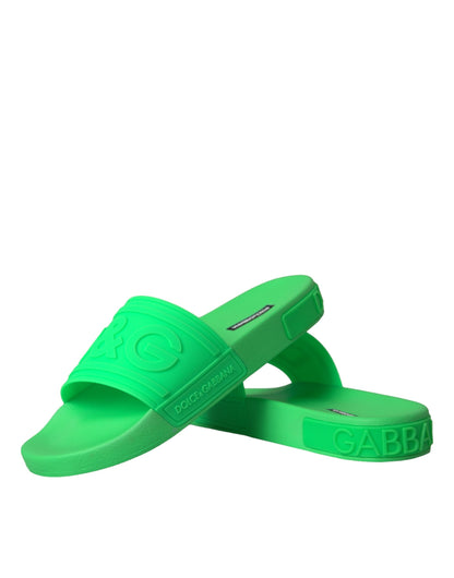 Dolce & Gabbana Green Leather Slides Sandals Beachwear Shoes Dolce & Gabbana