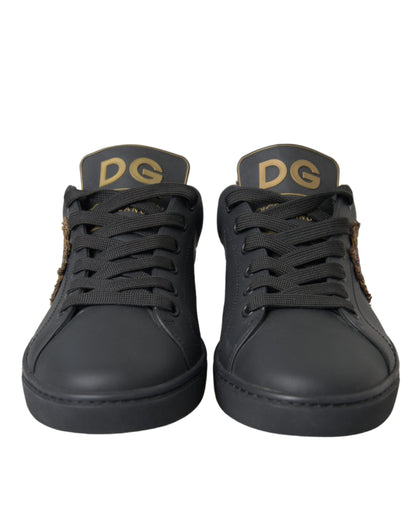 Dolce & Gabbana Black Leather Heart Embellished Sneakers Shoes Dolce & Gabbana