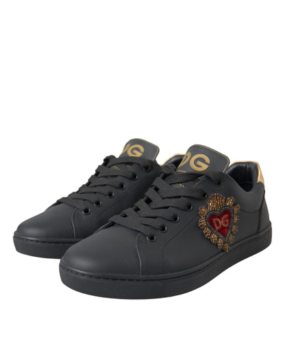 Dolce & Gabbana Black Leather Heart Embellished Sneakers Shoes Dolce & Gabbana