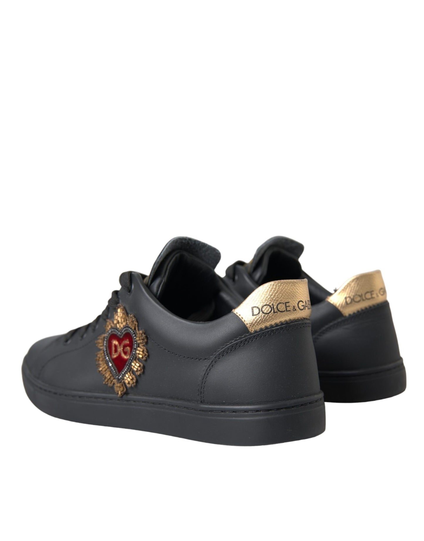 Dolce & Gabbana Black Leather Heart Embellished Sneakers Shoes Dolce & Gabbana