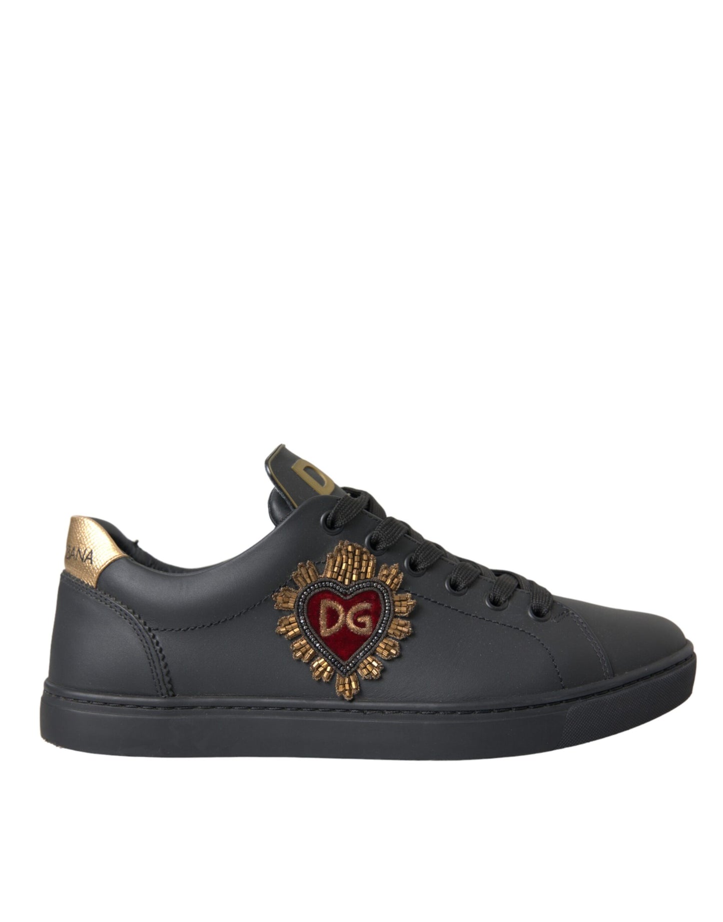 Dolce & Gabbana Black Leather Heart Embellished Sneakers Shoes Dolce & Gabbana