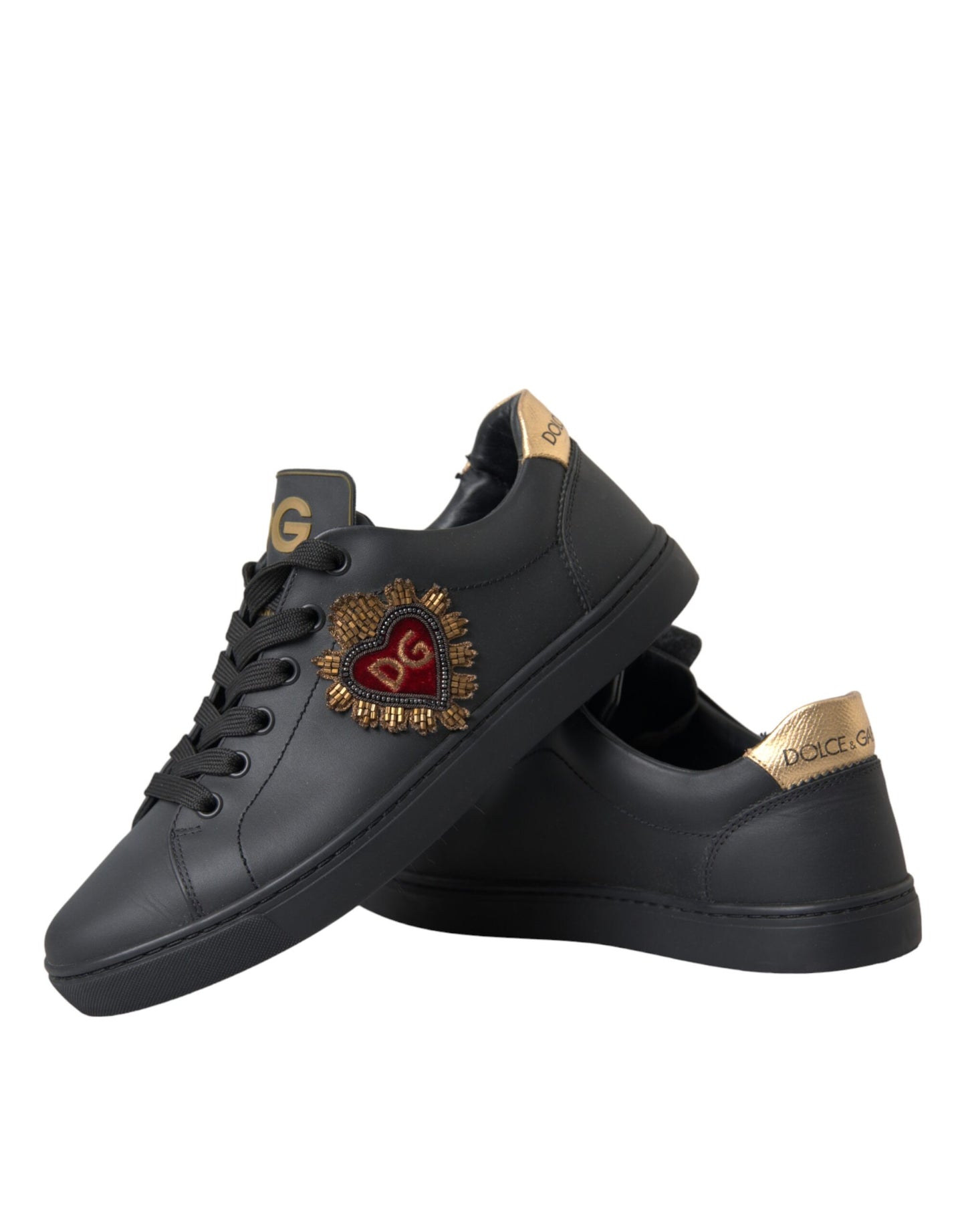 Dolce & Gabbana Black Leather Heart Embellished Sneakers Shoes Dolce & Gabbana