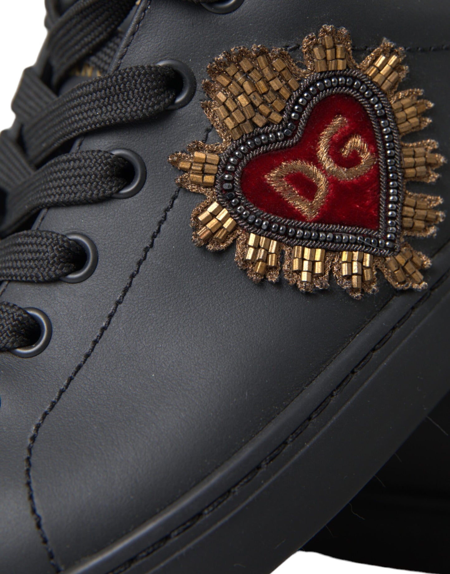 Dolce & Gabbana Black Leather Heart Embellished Sneakers Shoes Dolce & Gabbana