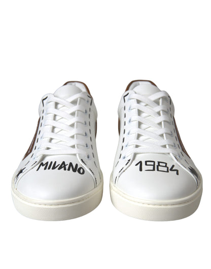 Dolce & Gabbana White Brown Leather Logo Low Top Sneakers Shoes Dolce & Gabbana