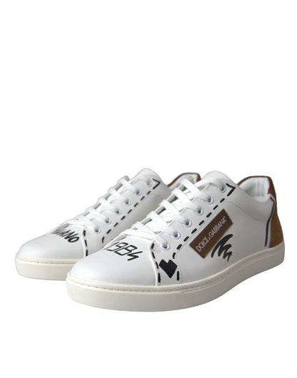 Dolce & Gabbana White Brown Leather Logo Low Top Sneakers Shoes Dolce & Gabbana