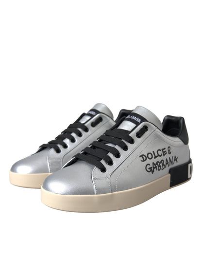 Dolce & Gabbana Silver Portofino Calf Leather Sneakers Men Shoes Dolce & Gabbana