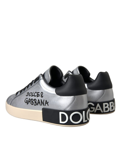 Dolce & Gabbana Silver Portofino Calf Leather Sneakers Men Shoes Dolce & Gabbana