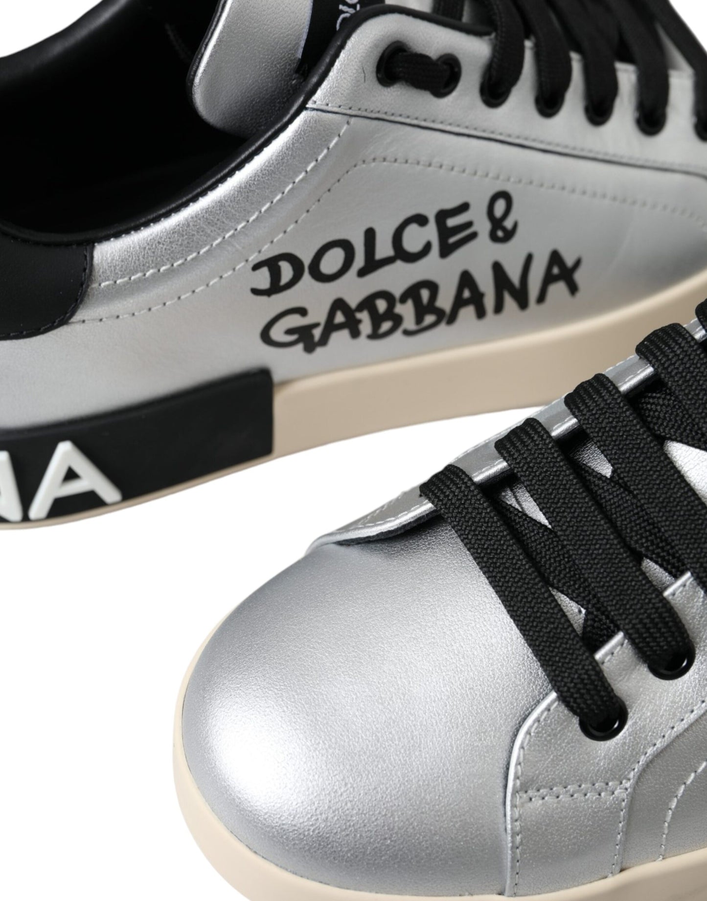 Dolce & Gabbana Silver Portofino Calf Leather Sneakers Men Shoes Dolce & Gabbana