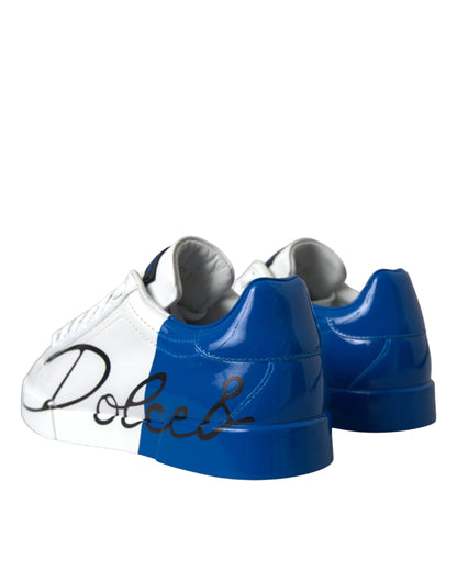 Dolce & Gabbana White Blue Leather Logo Low Top Sneakers Shoes