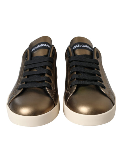 Dolce & Gabbana Gold Black Portofino Calf Leather Sneakers Shoes Dolce & Gabbana