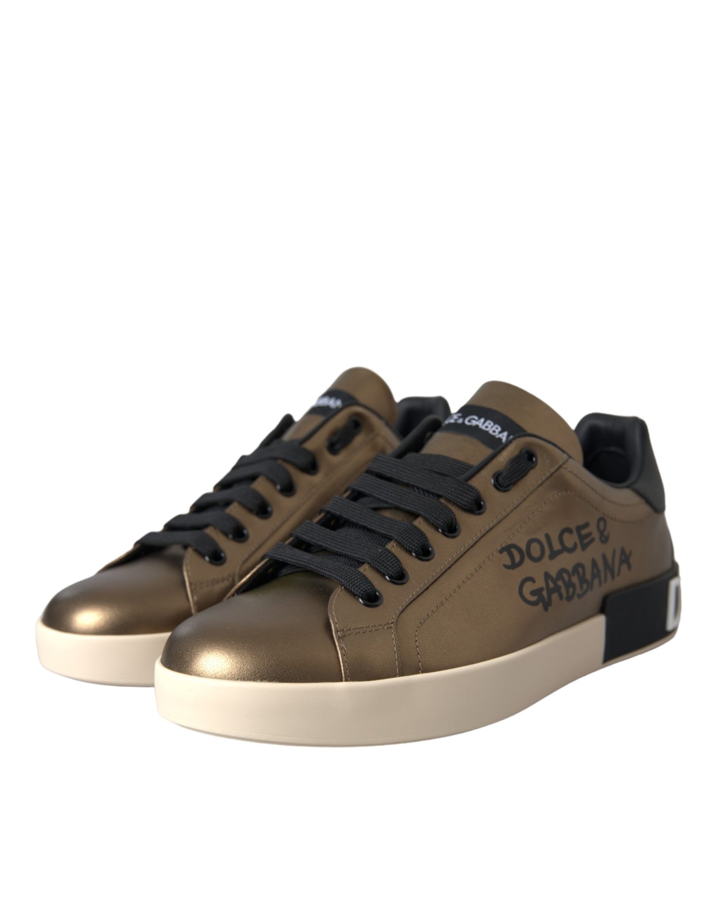 Dolce & Gabbana Gold Black Portofino Calf Leather Sneakers Shoes Dolce & Gabbana