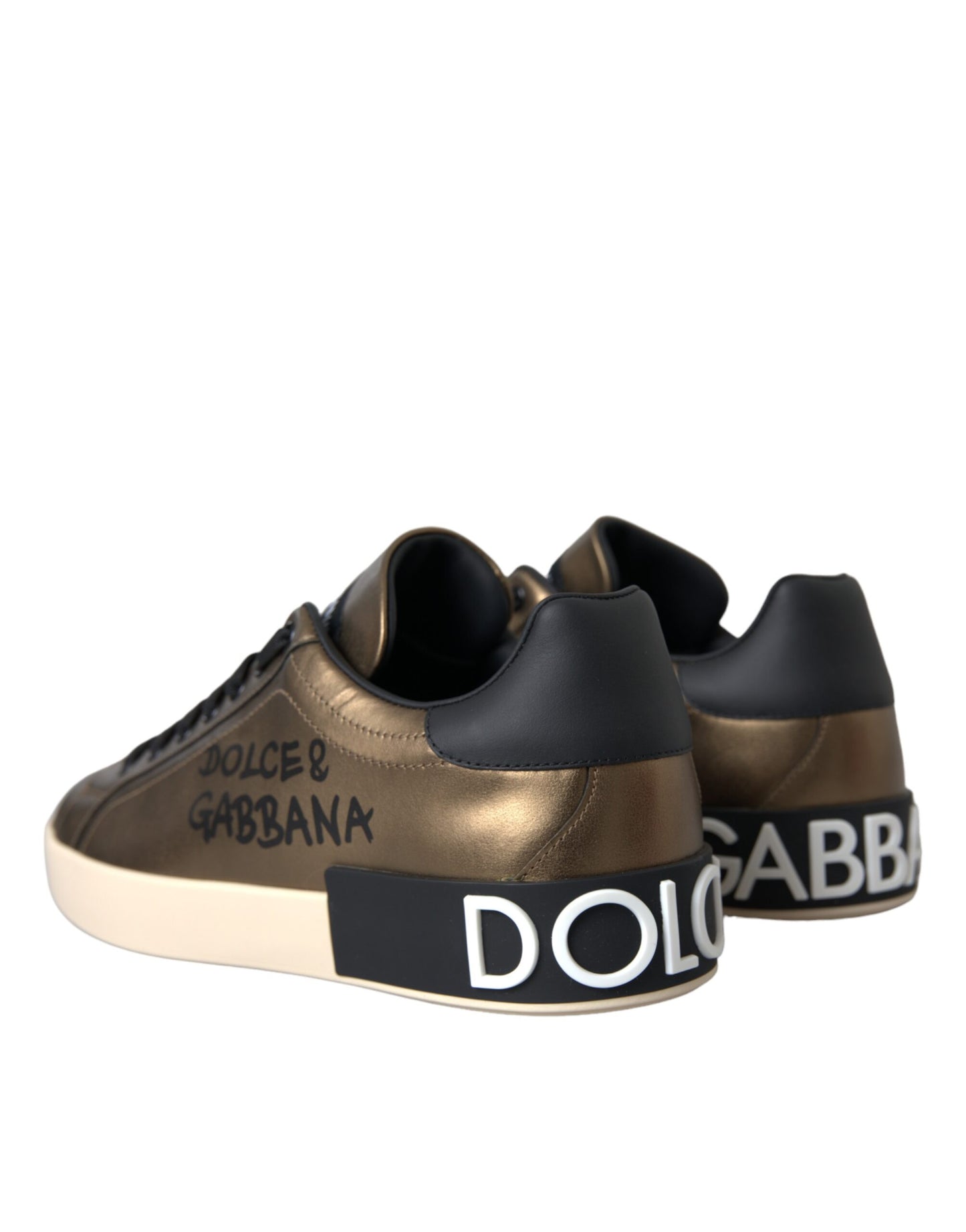 Dolce & Gabbana Gold Black Portofino Calf Leather Sneakers Shoes Dolce & Gabbana