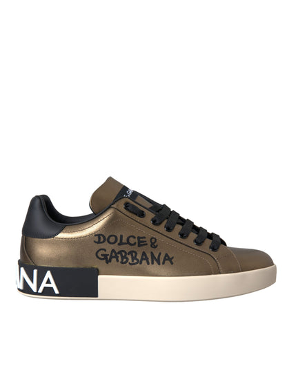 Dolce & Gabbana Gold Black Portofino Calf Leather Sneakers Shoes Dolce & Gabbana