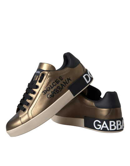 Dolce & Gabbana Gold Black Portofino Calf Leather Sneakers Shoes Dolce & Gabbana