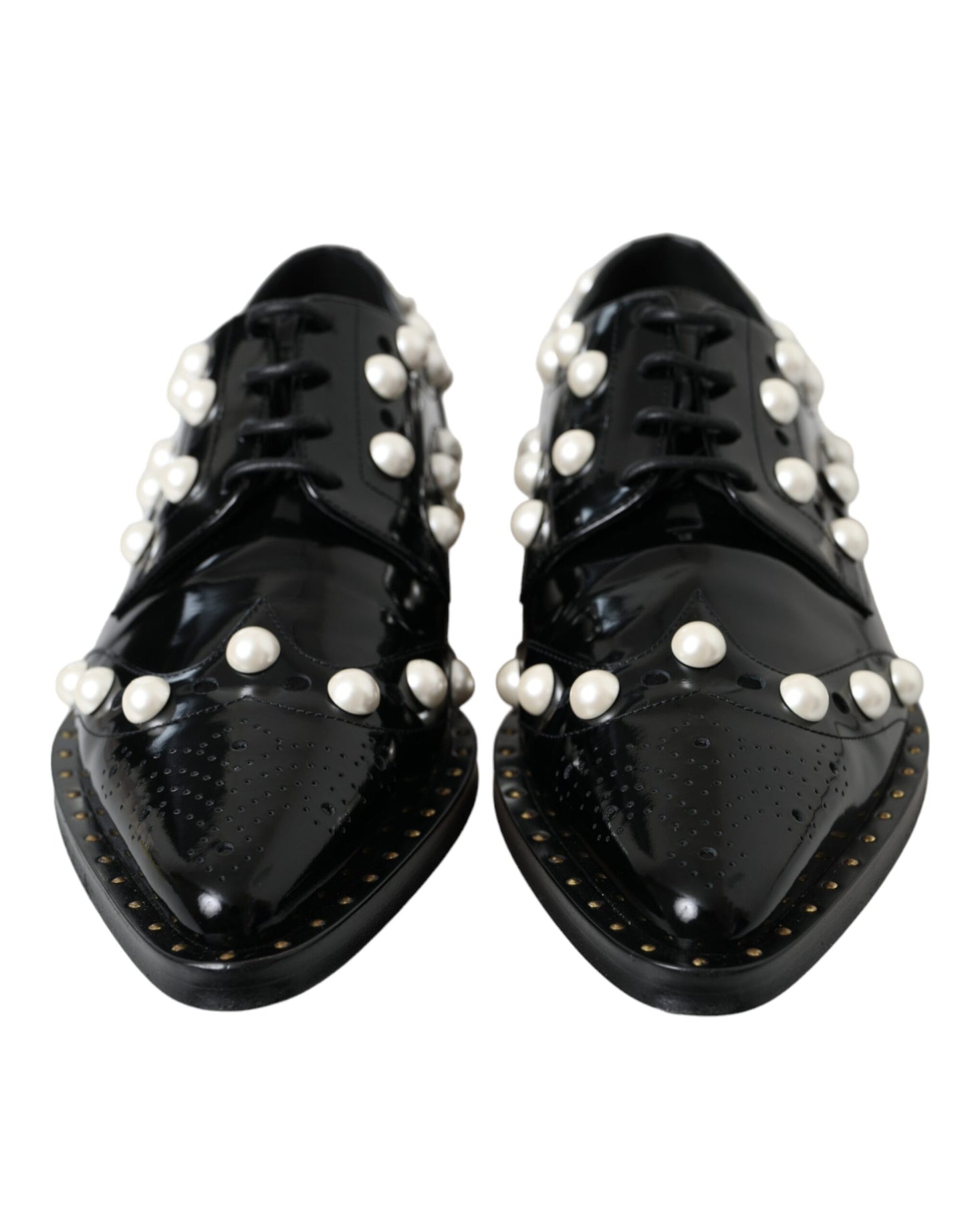 Dolce & Gabbana Black Leather Faux Pearl Dress Broque Shoes Dolce & Gabbana