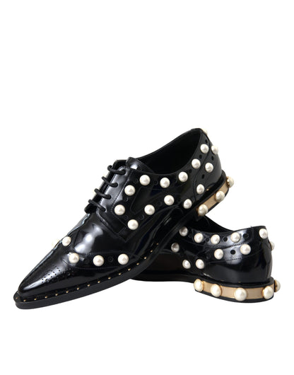 Dolce & Gabbana Black Leather Faux Pearl Dress Broque Shoes Dolce & Gabbana