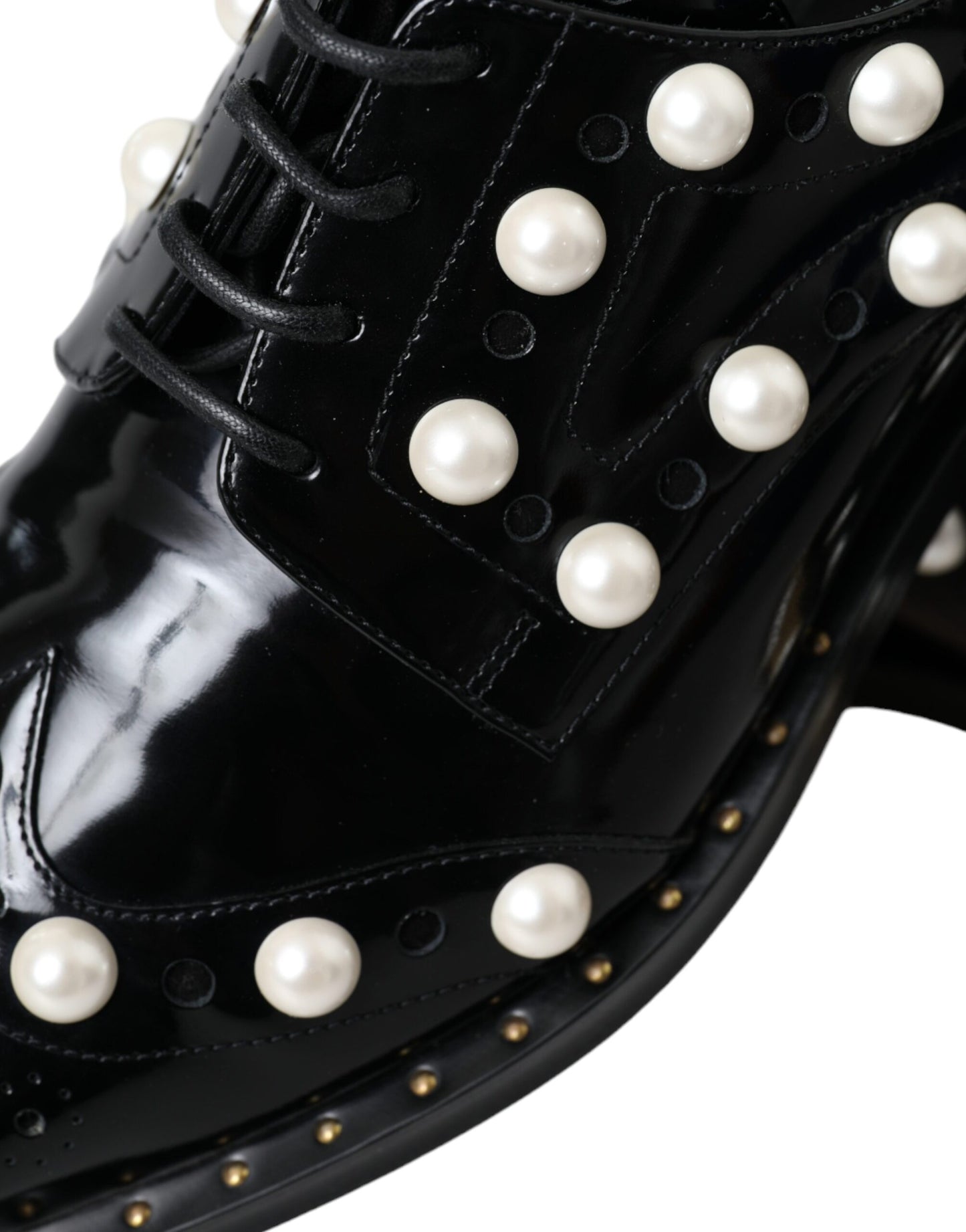 Dolce & Gabbana Black Leather Faux Pearl Dress Broque Shoes Dolce & Gabbana