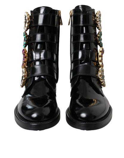 Dolce & Gabbana Black Leather Crystal Buckles Boots Shoes Dolce & Gabbana