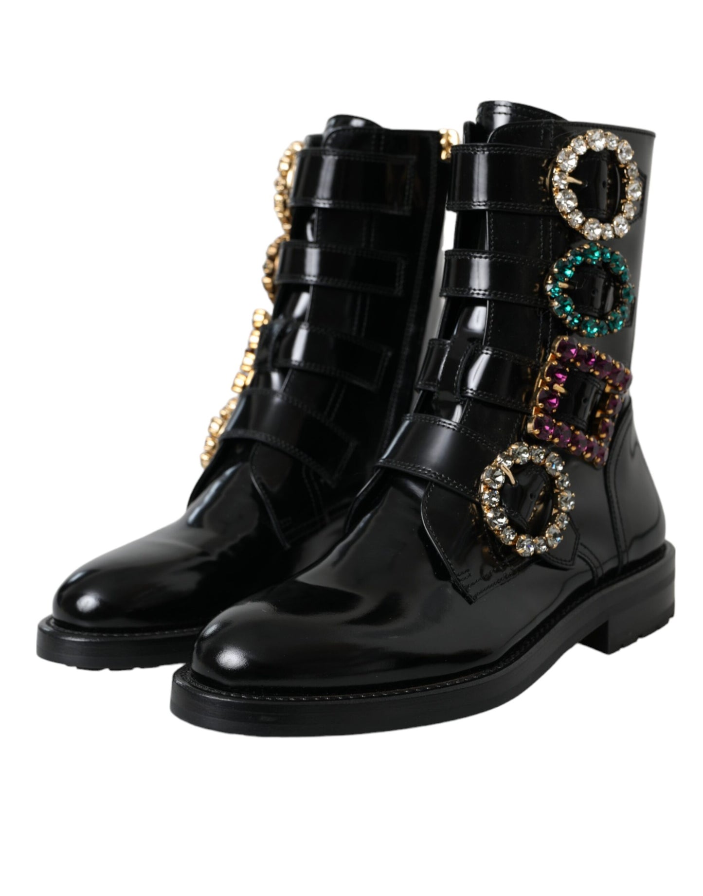 Dolce & Gabbana Black Leather Crystal Buckles Boots Shoes Dolce & Gabbana